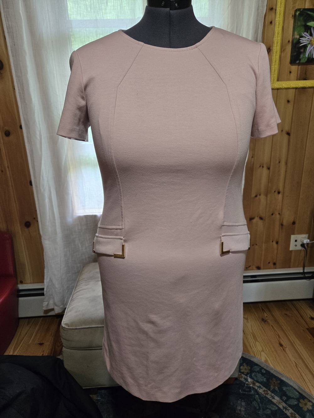 Donna Morgan Dusty Pink Short Sleeve Sheath Dress with Gold Accents